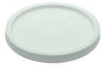 The Vestil Standard Lid for 3.5-6 Gal, made of white plastic, has embossed instructions and symbols, including a recycling symbol. It features concentric circles and cut-out instructions for user convenience near the edges.