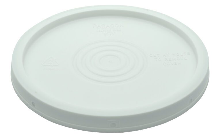 The Vestil Standard Lid for 3.5-6 Gal, made of white plastic, has embossed instructions and symbols, including a recycling symbol. It features concentric circles and cut-out instructions for user convenience near the edges.