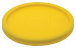 The Vestil Standard Lid for 3.5, 5, and 6 Gal containers is yellow, featuring a flat circular design with a slightly raised edge, a smooth surface, and subtle circular indentations at its center.