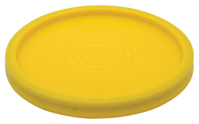 The Vestil Standard Lid for 3.5, 5, and 6 Gal containers is yellow, featuring a flat circular design with a slightly raised edge, a smooth surface, and subtle circular indentations at its center.