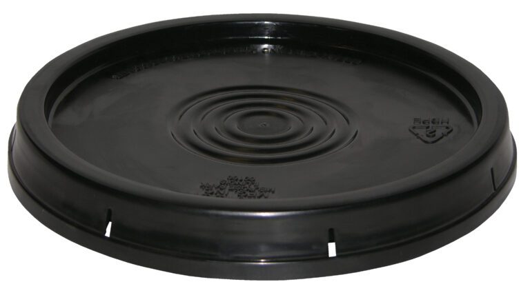 The Vestil Standard Lid, designed for 3.5, 5, and 6-gallon containers, is black with a flat circular surface featuring central ridges and edge slits for secure attachment.