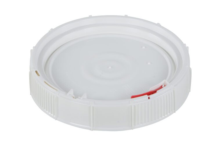 The Vestil Lid for Screw Top Pail (12.75X12.75X2.5) is a white, round plastic lid with ribbed edges and a twist-lock design, featuring a smooth, slightly raised center and an internal red tab for secure closure.