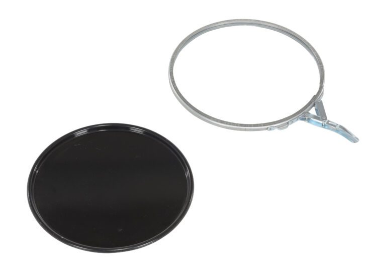A Vestil Un Rated Liquid Lever-Lock Closing Ring and a black circular lid rest on a white background. The lid is flat and round, while the silver clamp features a blue lever for tightening.