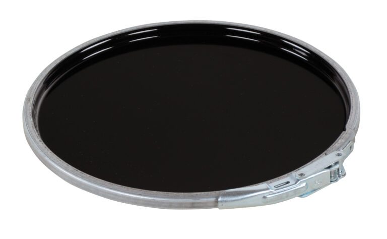 A Vestil Un-Rated Lever Lock Steel Lid 5Gal Black is round and sturdy, containing a glossy black liquid. It features a secure latch on one side and a raised rim around the edge.