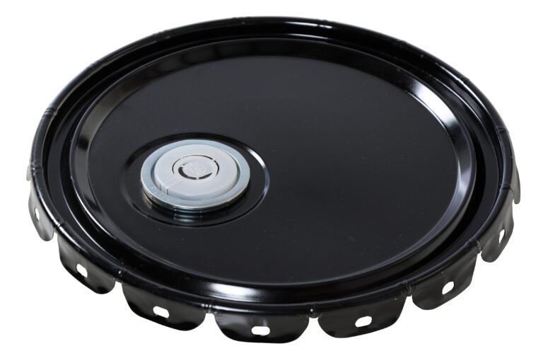 A black plastic round object, similar to the Vestil Un Rated Spout Top Steel Lid 5 Gal Black, has a central circle with a transparent cover. The edge is adorned with evenly spaced notches, and it sits gracefully on a white background.