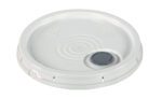 The Vestil Un Rated Spout Top Plastic Lid 5 Gal Wt is a white plastic bucket lid with a central circular gray gasket, embossed text, recycling symbols, and edge indents for easy handling.