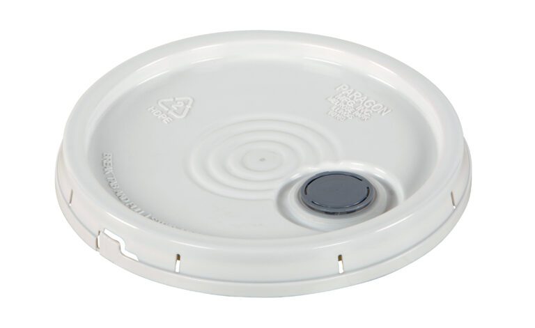 LID-UN-54-PWS_A.jpg The Vestil Un Rated Spout Top Plastic Lid 5 Gal Wt is a white plastic bucket lid with a central circular gray gasket, embossed text, recycling symbols, and edge indents for easy handling.