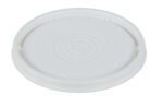 The Vestil Un Rated Plastic Lid 5 Gallon White is a round, embossed lid with hashtag, triangle, PARAGON, USA, and AX3384 symbols. It features central circular ridges to fit a 5-gallon container.