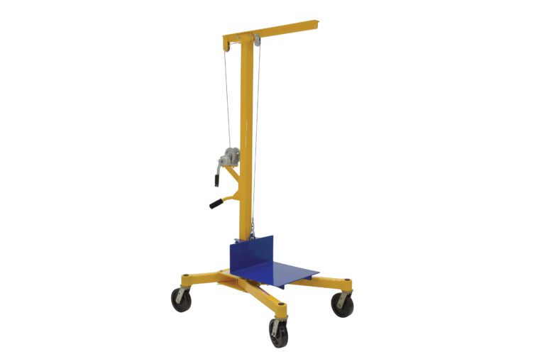 LIFTER-2_A.jpg The Vestil Portable Work Site Lift 500 Lb Capacity features a manual winch and four caster wheels, supports 500 lbs, and is designed in yellow and blue. This free-standing lift offers a sturdy platform for lifting materials, perfect for industrial or warehouse settings.