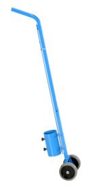 A blue dolly like the Vestil Line Mark Applicator With Wheels, featuring two small black wheels at the base, a cylindrical holder nearby, and a curved handle at the top for easy maneuvering.