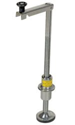 The Vestil Leveling Jack Polished Chrome 26 In includes a threaded rod, base plate, and handle for precise height adjustments and stability in various applications.