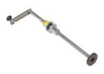 The Vestil Leveling Jack Polished Chrome 30 In is a sleek metal tool featuring a 30-inch threaded rod with a handle and flat base, perfect for aligning or adjusting in mechanical settings.