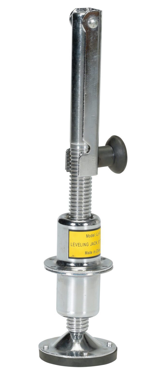LJ-9_A.jpg The Vestil Leveling Jack Polished Chrome 18 In features a threaded screw design with a yellow label, complemented by a black side handle and a round base for stability.