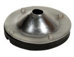 The Vestil Replacement Pad for LJ Series Only is a metal cone with a central hole on a black circular base. It features a reflective surface and has four evenly spaced cylindrical protrusions for stability.
