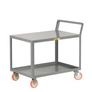 The Little Giant Service Cart with Sloped Handle is a gray metal utility cart designed for easy maneuverability. It features a flat top shelf and an open lower shelf, supported by four orange swivel casters for smooth mobility.