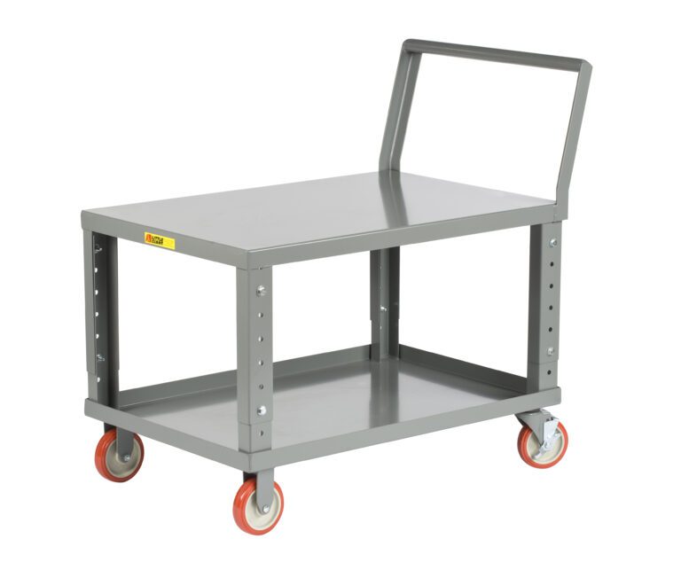 LK2436-5PYBKAH.jpg The Little Giant Ergonomic Adjustable Height Shelf Truck features adjustable-height shelves, a sturdy handle, and vibrant red caster wheels. This versatile cart is angled to display its spacious top and bottom shelves.