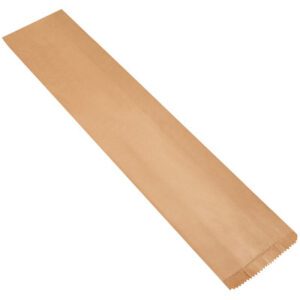 This long, narrow brown bag from our 11 x 7 x 65 Kraft Bags (50/Case) set has a serrated bottom edge.