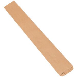 A flat, unfolded, long brown paper bag with a serrated edge and flat bottom, similar to the 8 x 5 x 44 Kraft Bags (100/Case), ideal for storing items like bread or other lengthy objects.