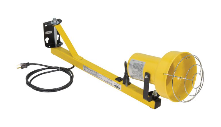 LL-24_A.jpg The Vestil industrial wall-mount fan, with its yellow cylindrical housing and protective wire grille, features a black power cord and plug. It includes a robust metal bracket, complementing the design of the 24-inch Vestil Incandecent Single Arm Load Light for versatile usage.