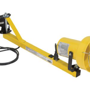 The Vestil industrial wall-mount fan, with its yellow cylindrical housing and protective wire grille, features a black power cord and plug. It includes a robust metal bracket, complementing the design of the 24-inch Vestil Incandecent Single Arm Load Light for versatile usage.