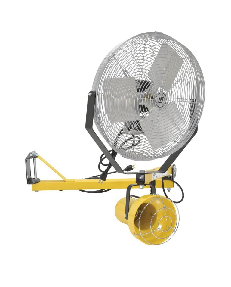 The Vestil Incandescent Dbl Arm, paired with a Strut Light 40 W/18 Fan, includes a yellow mounting bracket and large metal grill. With three blades and an enclosed motor housing, its perfect for heavy-duty wall or fixture use.