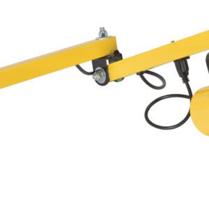 The yellow, adjustable Vestil Incandescent Double Arm, Strut Load Light 40 features a sturdy metal cage around the bulb with a long arm, pivot points, and a mounting bracket for easy attachment.