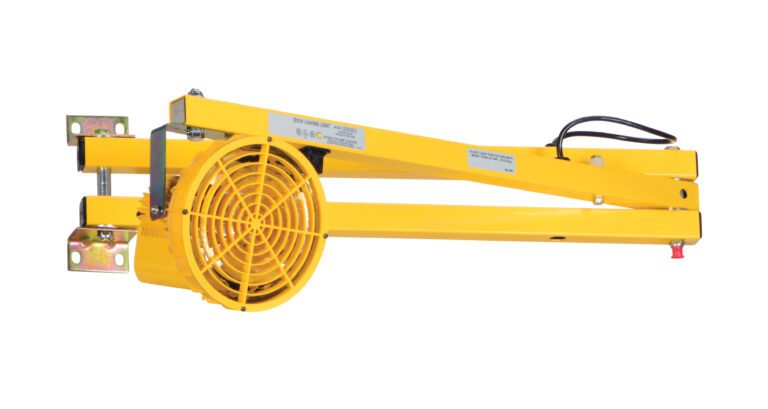The yellow industrial fan unit, equipped with adjustable arms like the Vestil Incandescent Double Arm Load Light 60 In, can fold flat. It is encased in a protective grill and includes brackets with mounting holes along with a top-extending power cord.
