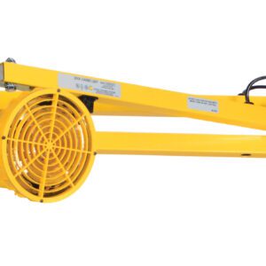 The yellow industrial fan unit, equipped with adjustable arms like the Vestil Incandescent Double Arm Load Light 60 In, can fold flat. It is encased in a protective grill and includes brackets with mounting holes along with a top-extending power cord.