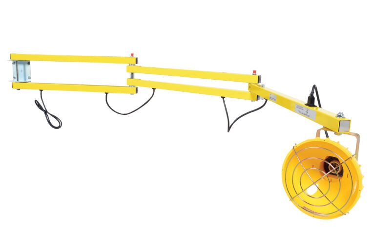 LL-90_A.jpg The Vestil Incandescent Triple Arm Load Light 90 In, with a yellow exterior and circular heating element protected by a wire grille, is mounted on a swiveling arm for flexible positioning. Its 90-inch power cord ensures easy reach and adaptability.