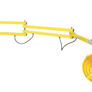 The Vestil Incandescent Triple Arm Load Light 90 In, with a yellow exterior and circular heating element protected by a wire grille, is mounted on a swiveling arm for flexible positioning. Its 90-inch power cord ensures easy reach and adaptability.