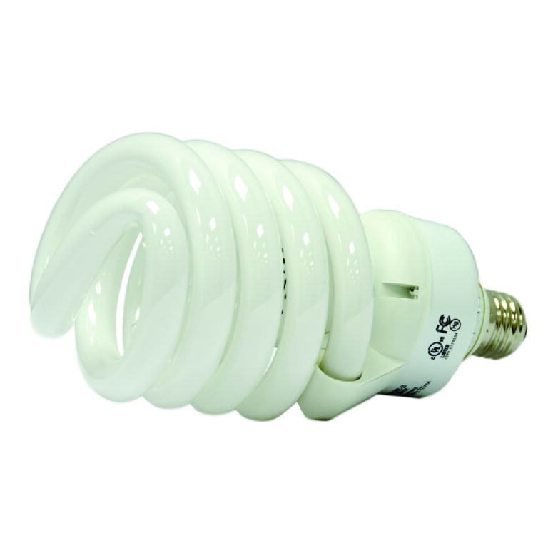 The image shows a Vestil 55 Watt Fluorecent Dock Light Bulb with a spiral design on a white background. A small logo and text embellish its metallic base, enhancing the bulbs sleek appearance.