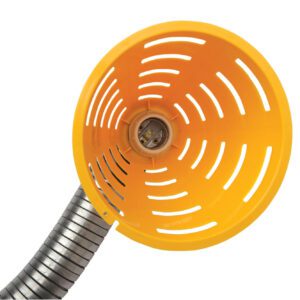 The Vestil 27-inch Incandescent Gooseneck Dock Light features a flexible metal hose attached to an orange plastic disk with slots, revealing a central metal connector for optimal lighting and versatility.