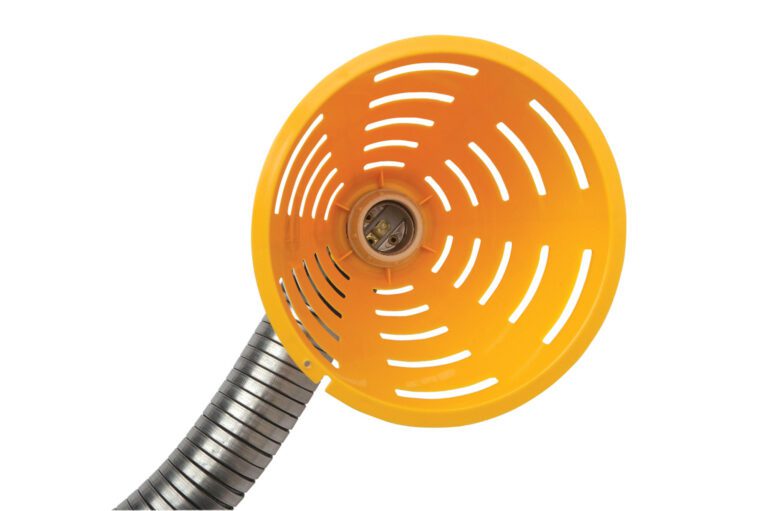 LL-GN-27_A.jpg The Vestil 27-inch Incandescent Gooseneck Dock Light features a flexible metal hose attached to an orange plastic disk with slots, revealing a central metal connector for optimal lighting and versatility.