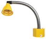 The Vestil Led Gooseneck Dock Light 27 In showcases a yellow industrial design, flexible metal neck, and square base. A vented shade directs light downward. It includes a distinctive red and white label on its base for added detail.