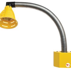 The Vestil Led Gooseneck Dock Light 27 In showcases a yellow industrial design, flexible metal neck, and square base. A vented shade directs light downward. It includes a distinctive red and white label on its base for added detail.