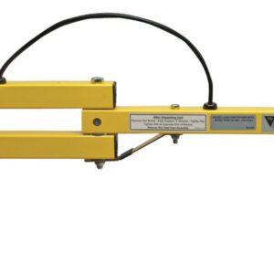 The Vestil Heavy Duty LED Loading Dock Lights 40 In features a yellow articulated arm with a round LED light, multiple wires and connectors, and labels for precision, allowing adjustable positioning for industrial or precise lighting applications.