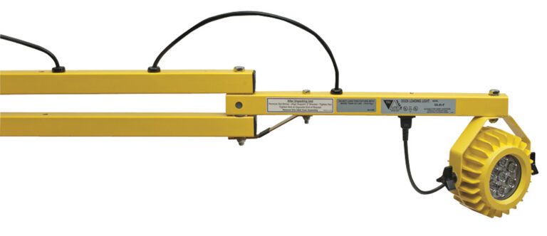 LL-HD-LED-40_A.jpg The Vestil Heavy Duty LED Loading Dock Lights 40 In features a yellow articulated arm with a round LED light, multiple wires and connectors, and labels for precision, allowing adjustable positioning for industrial or precise lighting applications.
