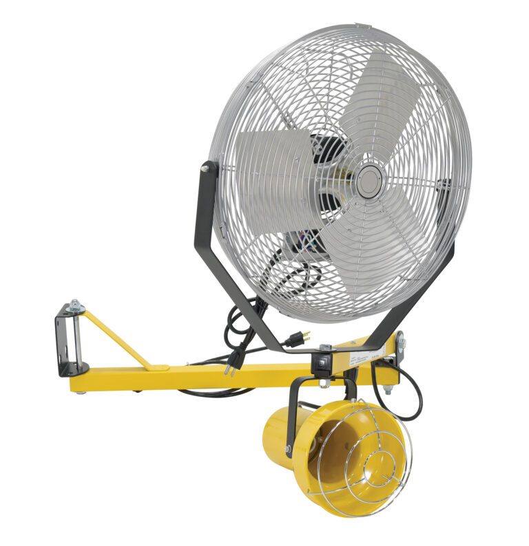 The Vestil Incandescent Double Arm, Strut 40 W/18Fan features a yellow industrial design with a large circular metal cage for its blades. Its mounted on an adjustable yellow bracket for directional control and has a 40W motor housing beneath.