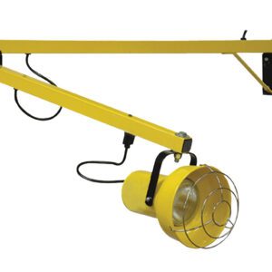 The Vestil Incandescent Double Arm Dock Light 60 is a durable, yellow extendable industrial lamp with a protective wire cage. It features an adjustable arm attached to a black wall bracket, and two cables running along the arm.