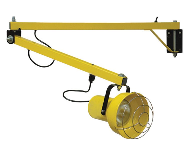 The Vestil Incandescent Double Arm Dock Light 60 is a durable, yellow extendable industrial lamp with a protective wire cage. It features an adjustable arm attached to a black wall bracket, and two cables running along the arm.