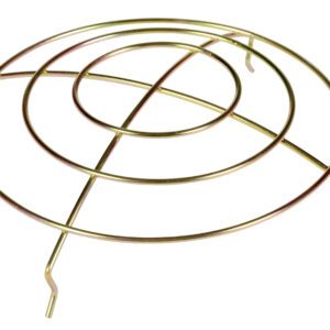 The Vestil Wire Guard (Incandescent) 6 In Diameter has a metallic circular wire design, spiral pattern, and three outward prongs. It offers protection and support, all set elegantly against a pristine white background.