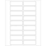 A sheet of MH-USA 3 x 1 white rectangle laser labels, featuring five columns and two per row, amounts to a total of 18 labels. Each label is separated by blank spaces against a crisp white background.