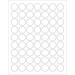 A sheet of MH-USA 1 White Circle Laser Labels includes 63 blank stickers, organized in a seven-column by ten-row grid on a white background, ideal for precise labeling.