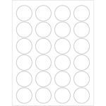 The MH-USA 1.625 white circle laser labels feature a grid of 24 evenly spaced, empty circles in four columns and six rows with black outlines on a white background, providing precision labeling. Each box contains 100 sheets.