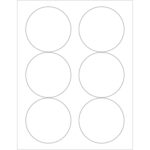 A sheet of paper with six identical blank circles, arranged in two columns and three rows, is ideal for MH-USA 3.33 White Circle Laser Labels - 6 Labels/Sheet (100 Sheets/Box).