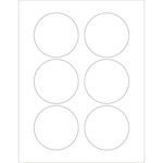 This illustration depicts a blank sheet with six evenly spaced circles in two columns and three rows, resembling the outline of MH-USA 3 White Circle Laser Labels, set against a clean white background.