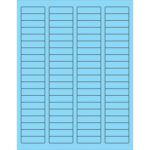 A sheet of MH-USA rectangular fluorescent pastel blue laser labels, 1 3/4 x 1/2 each, features a blue background and thin black outlines, arranged in seven columns with ten labels each, totaling 80 per sheet. Sold in boxes of 100 sheets.