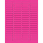 The MH-USA 1 3/4 x 1/2 Fluorescent Pink Rectangle Laser Labels feature vibrant pink with black borders, arranged in columns and rows on a white background. Each sheet includes 80 labels, precisely spaced across multiple rows, available in boxes of 100 sheets.