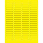 A sheet of MH-USA 1 3/4 x 1/2 fluorescent yellow rectangle laser labels features five columns and fourteen rows, totaling seventy labels with thin black borders, ideal for precise organizing and labeling.