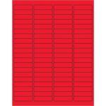 The MH-USA 1 15/16 x 1/2 fluorescent red rectangle laser labels come in a grid pattern with bordered, evenly spaced labels, featuring 80 labels per sheet and packaged in a box of 100 sheets.